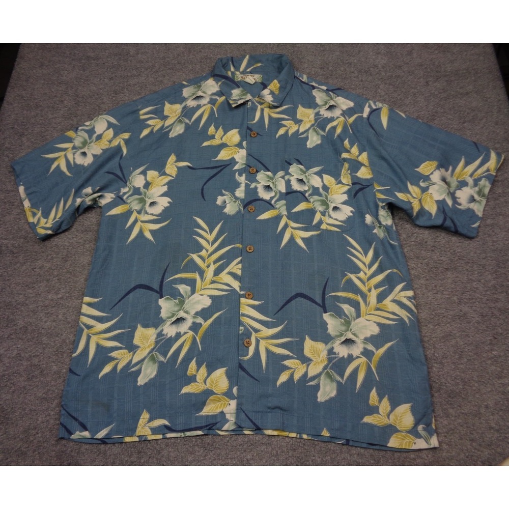 Tommy Bahama Shirt Mens Blue L Floral Hawaiian 100% Silk‎